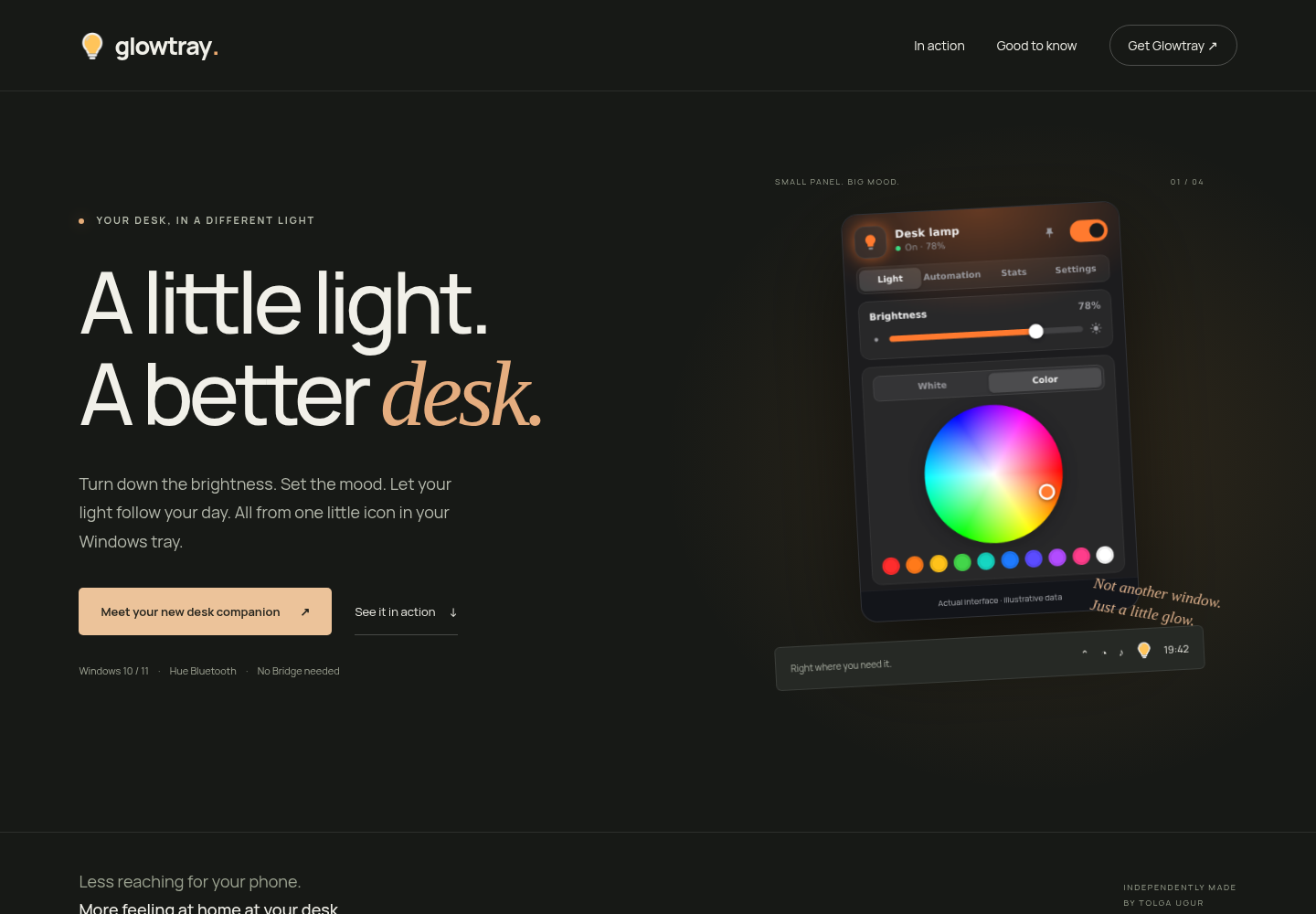 Glowtray product showcase with a warm, dark editorial design and a preview of its Windows tray-app panel